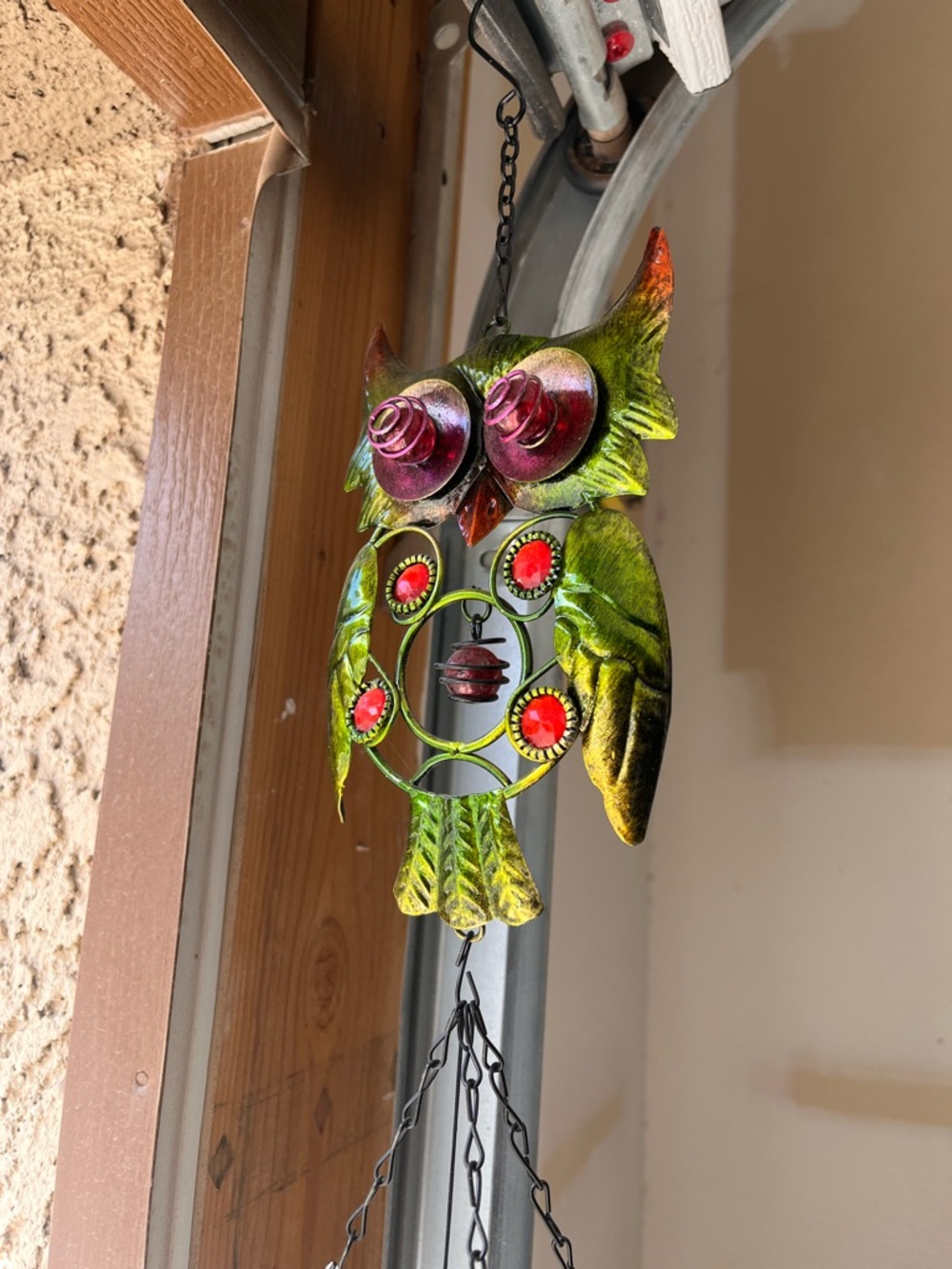 Colorful Metal Owl Wind Chime - Green with Red Accents